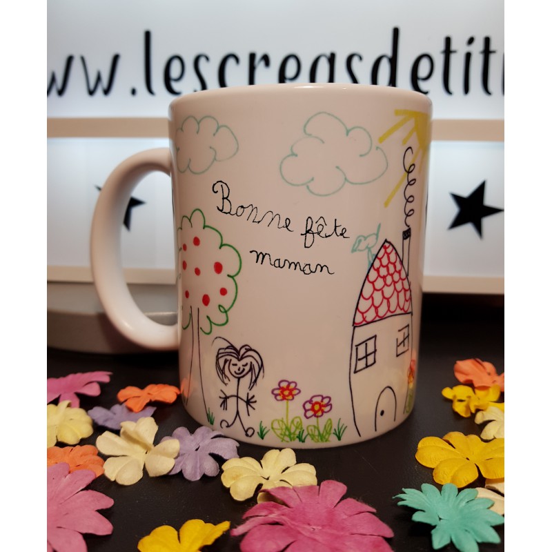 Mug multicolore pour enfant - Tasse avec deux messages personnalisés  (J'aime l'école) - Objet de décoration ou oeuvre artisanale sur